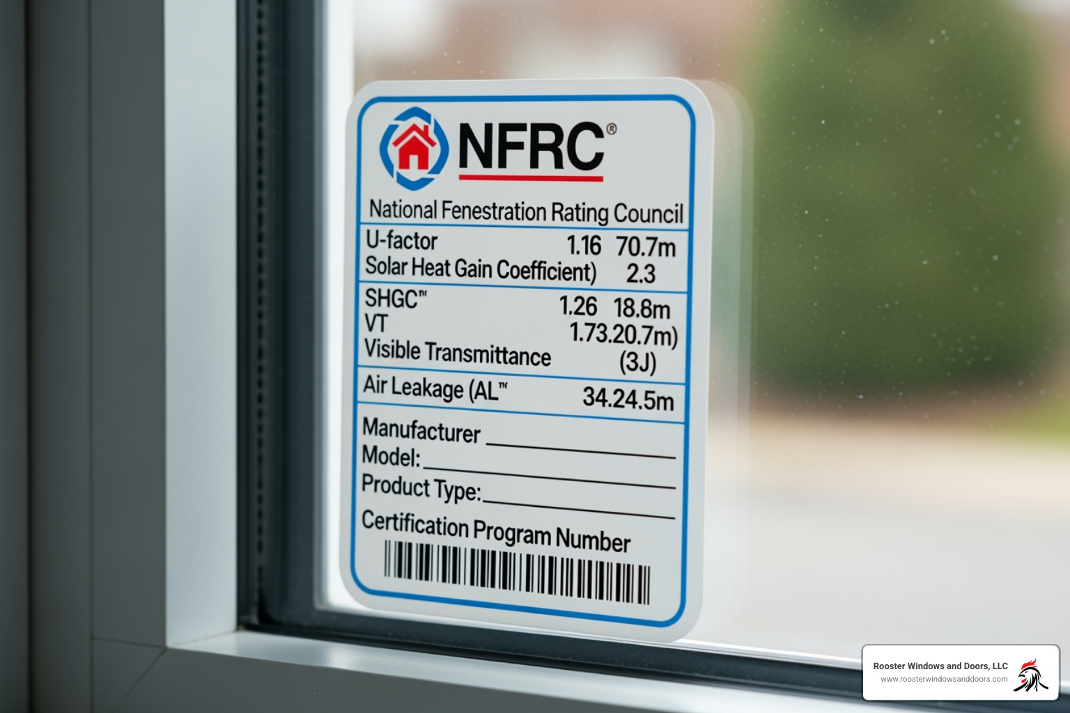 NFRC label on a window pane - double hung replacement windows