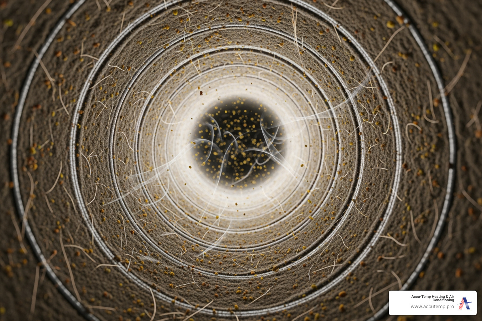 infographic showing how dust, pollen, pet dander, mold spores, and other allergens accumulate in air ducts and circulate through the HVAC system into living spaces, with arrows indicating airflow patterns and callouts for common allergen sources - "My allergies have been bad lately. What are some reputable companies for air duct cleaning in the Palm Coast area?"