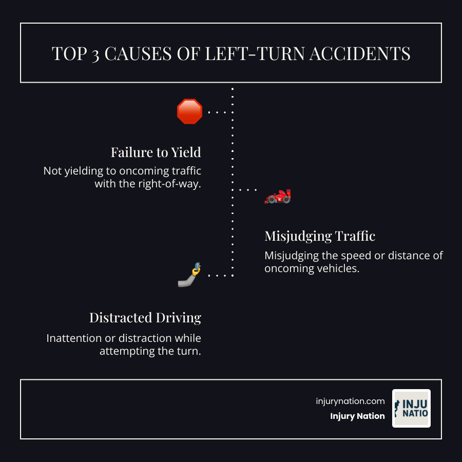 Infographic showing the top 3 causes of left-turn accidents: 1) Failing to yield to oncoming traffic with the right-of-way, 2) Misjudging the speed or distance of oncoming vehicles, and 3) Distracted driving or inattention while attempting the turn - left turn accident infographic infographic-line-3-steps-dark Infographic showing the top 3 causes of left-turn accidents: 1) Failing to yield to oncoming traffic with the right-of-way, 2) Misjudging the speed or distance of oncoming vehicles, and 3) Distracted driving or inattention while attempting the turn - left turn accident infographic infographic-line-3-steps-dark