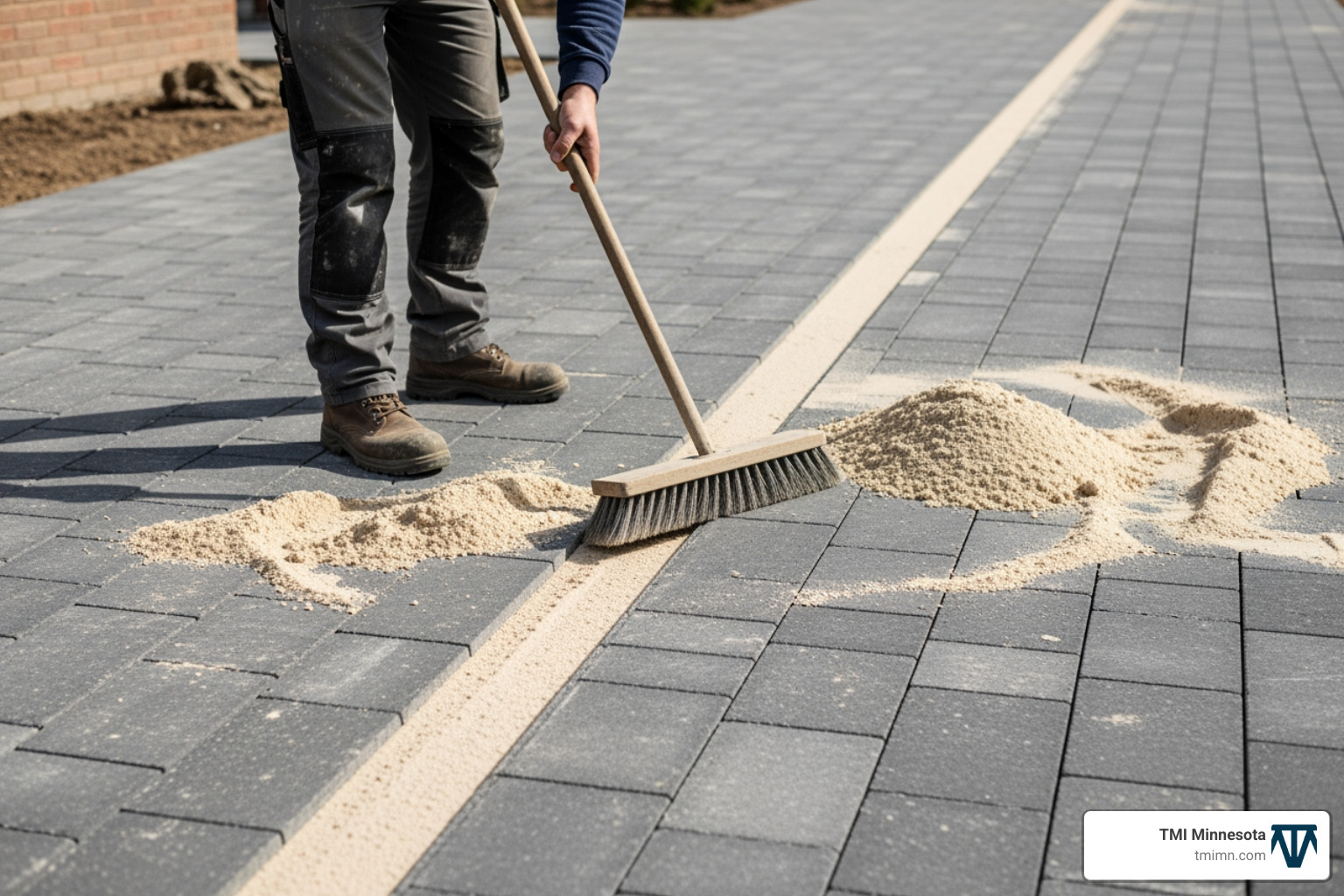 kiln-dried sand being swept into the joints of a newly laid block paving path - block paving path