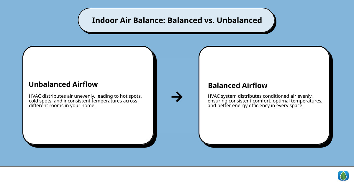 infographic showing balanced vs unbalanced HVAC system with arrows indicating even air distribution in balanced system and uneven distribution with hot/cold spots in unbalanced system - Indoor air balance infographic cause_effect_text