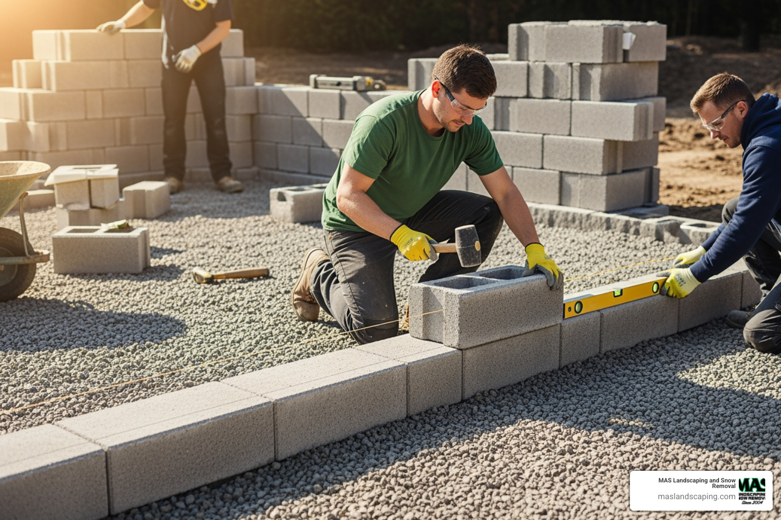 interlocking concrete blocks being installed on a gravel base - cement retaining wall