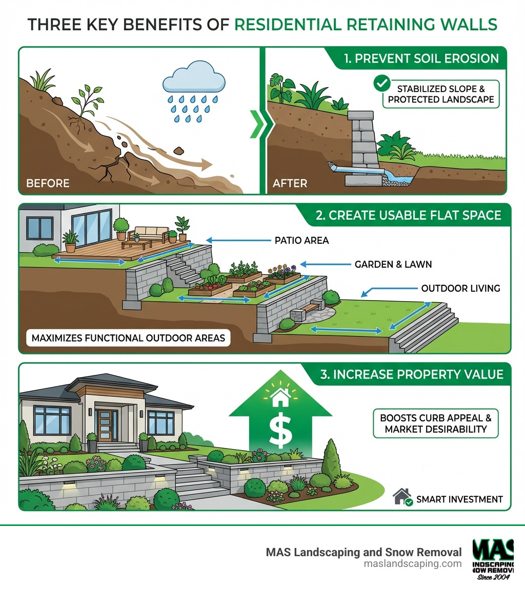 infographic showing three key benefits of residential retaining walls: top panel shows soil erosion prevention with before and after slope comparison, middle panel illustrates creating usable flat space for patios and gardens with a terraced yard diagram, bottom panel displays increased property value with curb appeal enhancement - cement retaining wall infographic 