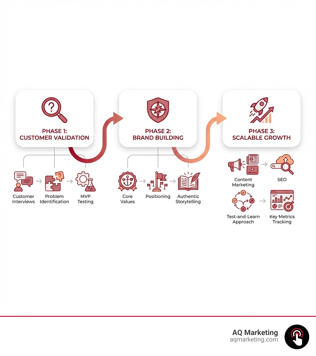 Infographic showing three phases: Phase 1 - Customer Validation (customer interviews, problem identification, MVP testing), Phase 2 - Brand Building (core values, positioning, authentic storytelling), Phase 3 - Scalable Growth (content marketing, SEO, test-and-learn approach, key metrics tracking) - early stage marketing infographic 