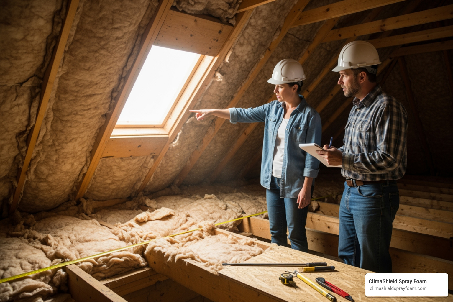 A homeowner in a hard hat examines insulation in an attic, pointing to a potential issue with a contractor - mold resistant insulation A homeowner in a hard hat examines insulation in an attic, pointing to a potential issue with a contractor - mold resistant insulation