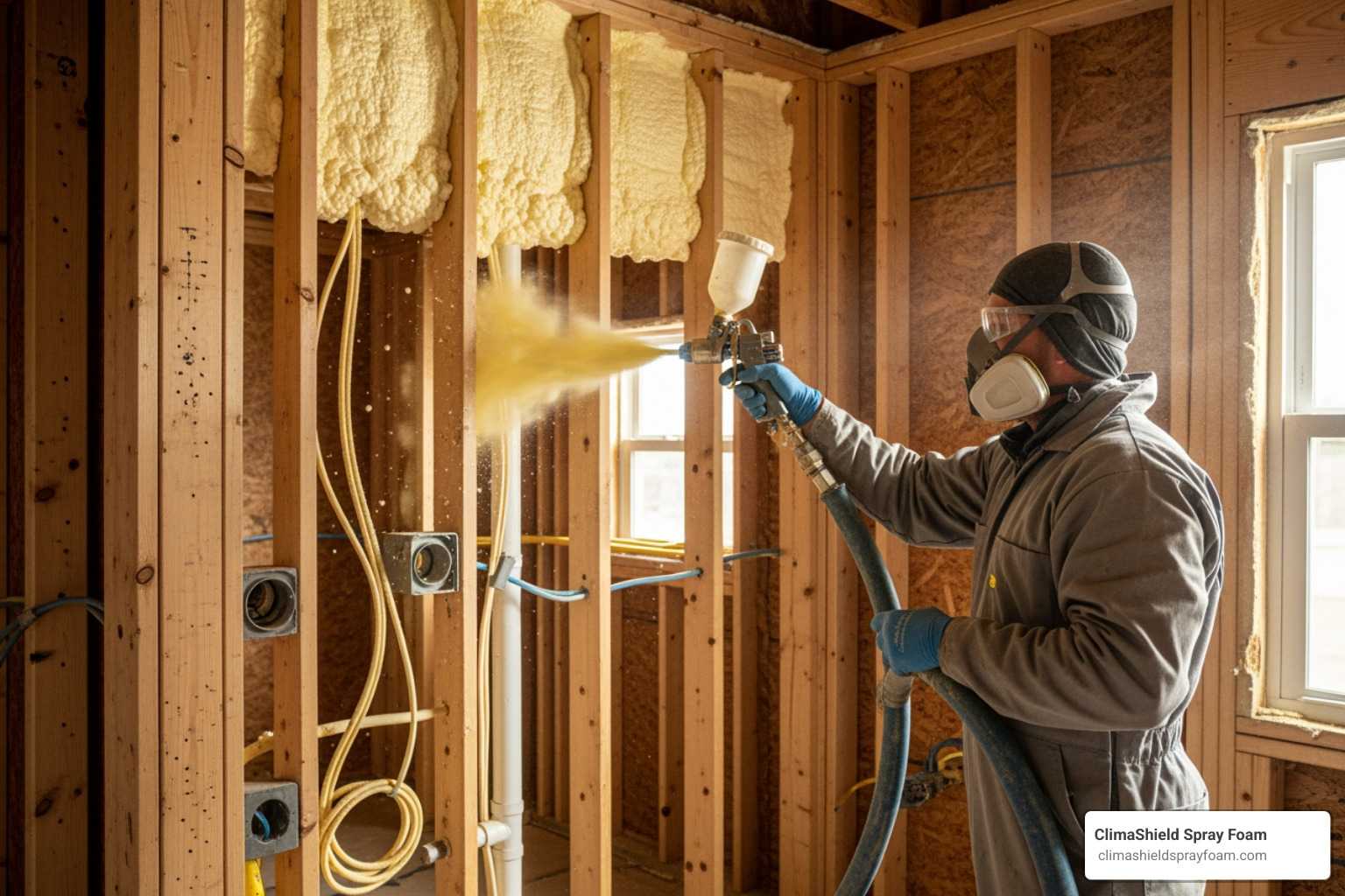 A construction worker is expertly applying spray foam insulation to a wall cavity - mold resistant insulation A construction worker is expertly applying spray foam insulation to a wall cavity - mold resistant insulation
