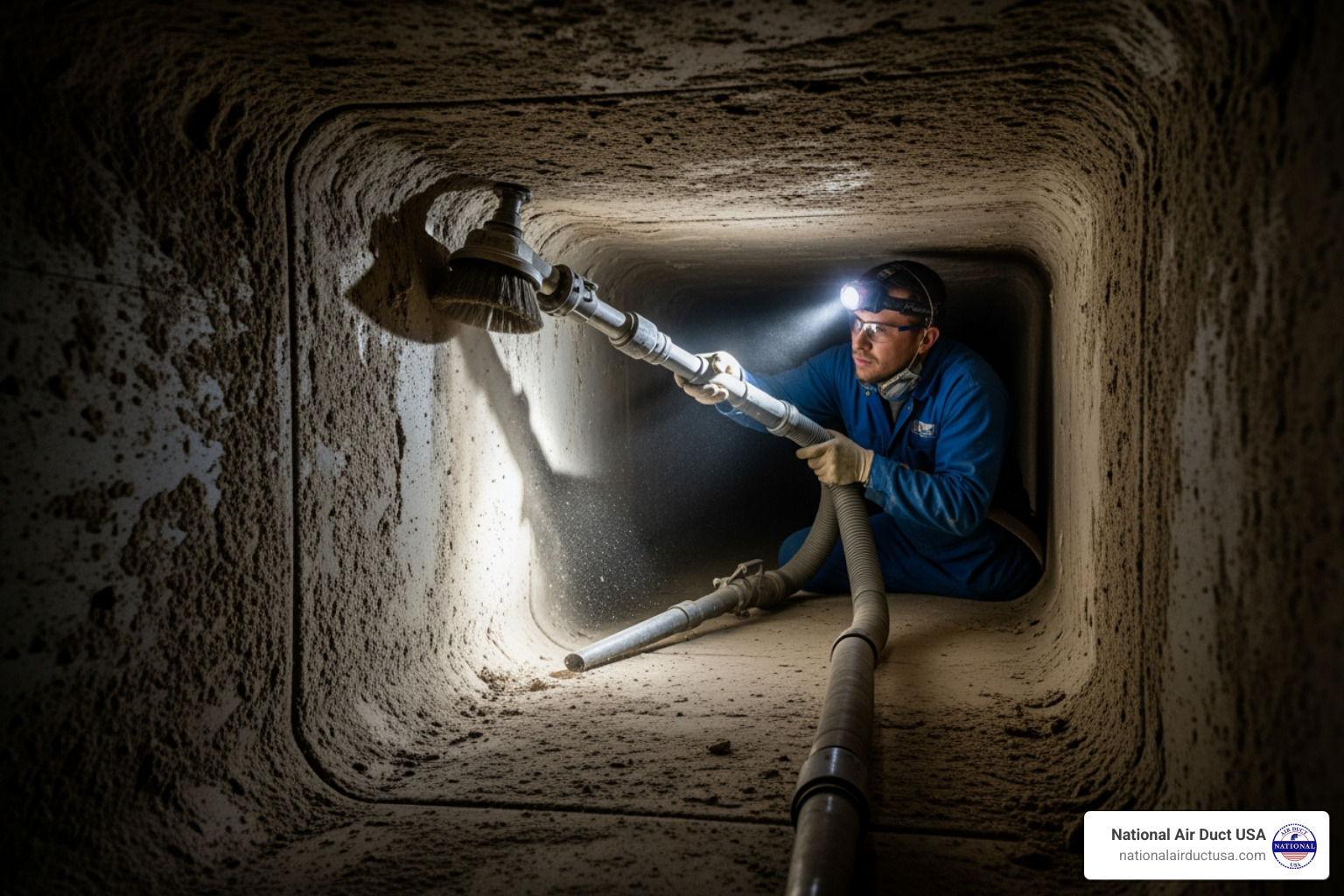 A technician using a brush system inside a dirty air duct - ac duct sanitizer A technician using a brush system inside a dirty air duct - ac duct sanitizer