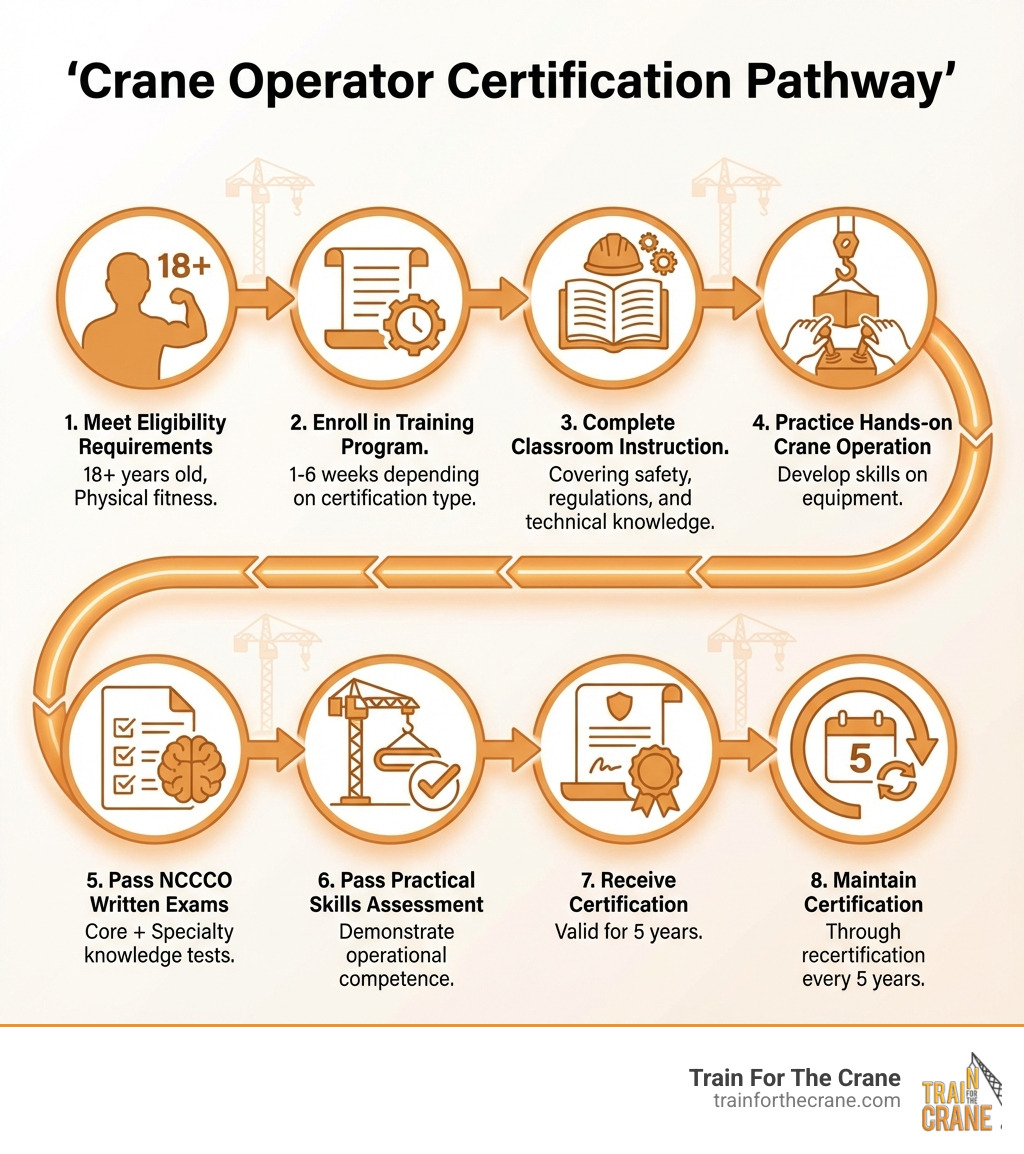 Infographic showing the crane operator certification pathway: Step 1 - Meet eligibility requirements (18+ years old, physical fitness); Step 2 - Enroll in training program (1-6 weeks depending on certification type); Step 3 - Complete classroom instruction covering safety, regulations, and technical knowledge; Step 4 - Practice hands-on crane operation; Step 5 - Pass NCCCO written exams (Core + Specialty); Step 6 - Pass practical skills assessment; Step 7 - Receive certification valid for 5 years; Step 8 - Maintain certification through recertification every 5 years - crane certification danville indiana infographic 