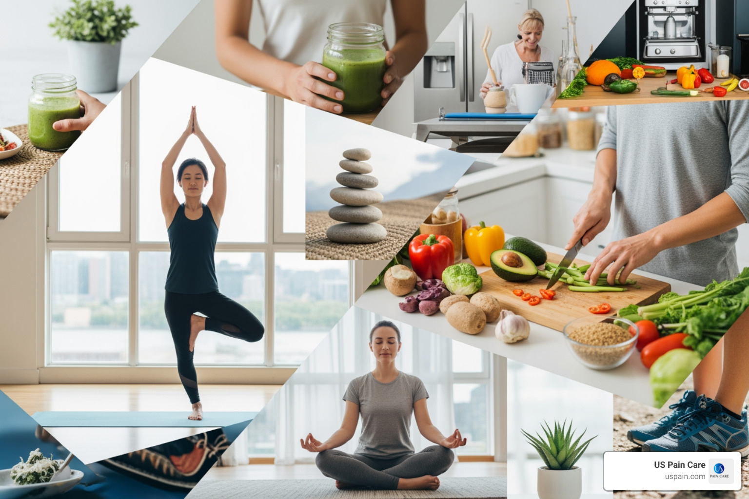 collage showing different wellness activities like yoga, healthy cooking, and meditation - relief for chronic pain