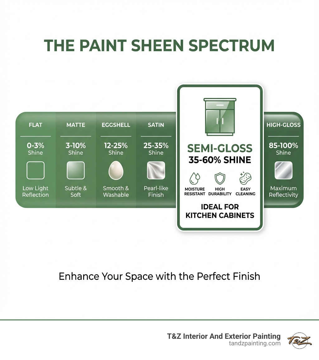 infographic explaining the paint sheen scale from flat (0-3% shine) through matte (3-10%), eggshell (12-25%), satin (25-35%), semi-gloss (35-60%), to high-gloss (85-100%), with semi-gloss highlighted as ideal for kitchen cabinets due to durability, moisture resistance, and easy cleaning - semi gloss kitchen cabinets infographic 