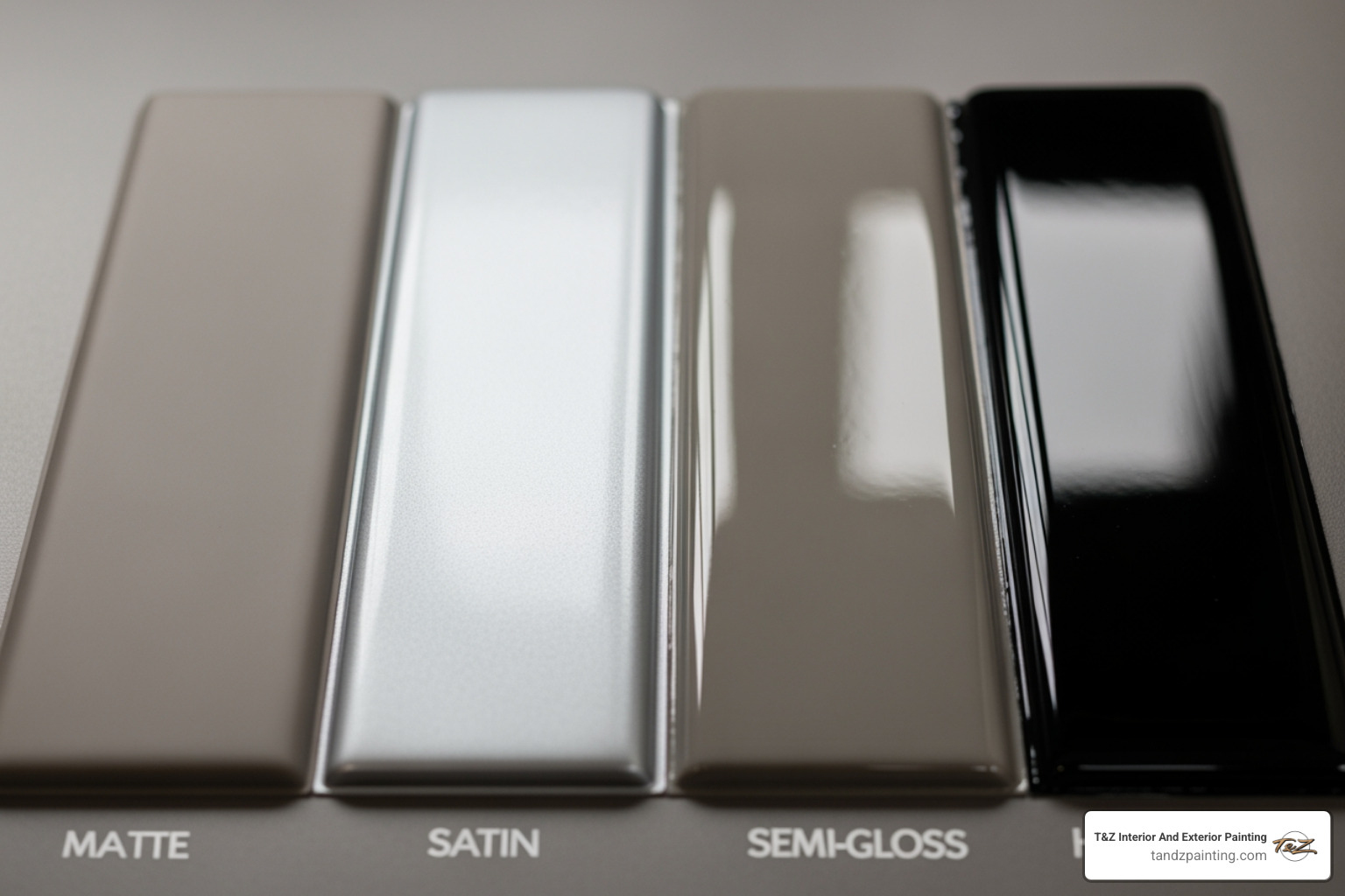 paint swatches showing matte, satin, semi-gloss, and high-gloss finishes side-by-side - semi gloss kitchen cabinets