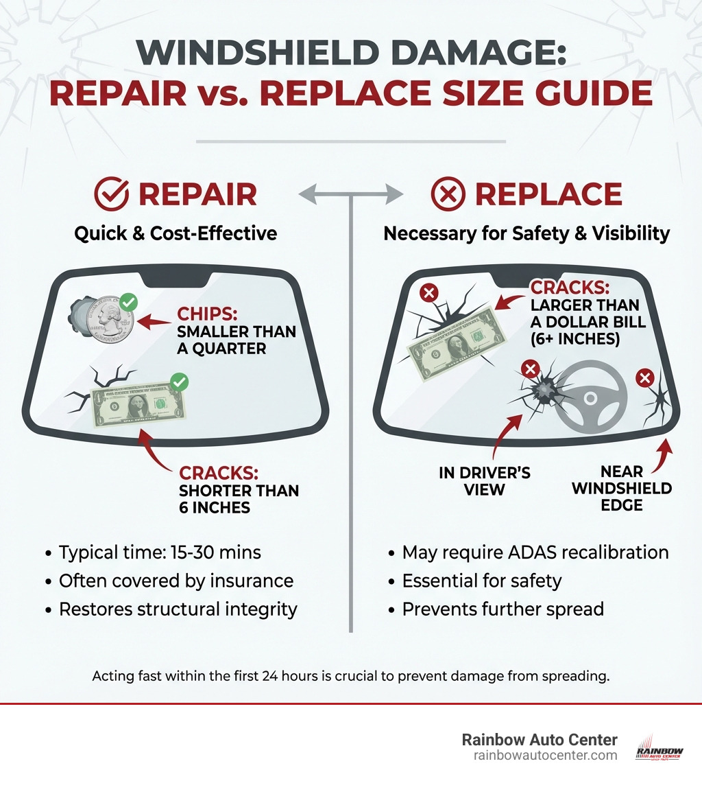 Infographic explaining the "Repair vs. Replace" size guide (quarter rule, dollar bill rule) - quick windshield repair infographic Infographic explaining the "Repair vs. Replace" size guide (quarter rule, dollar bill rule) - quick windshield repair infographic
