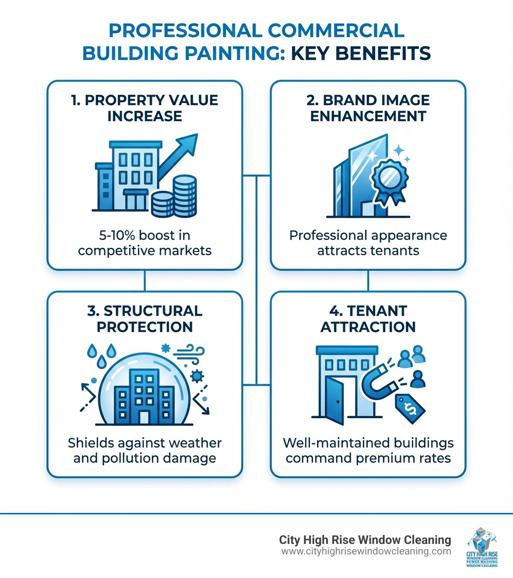 Infographic showing four key benefits of professional commercial building painting: Property Value Increase (5-10% boost in competitive markets), Brand Image Enhancement (professional appearance attracts tenants), Structural Protection (shields against weather and pollution damage), and Tenant Attraction (well-maintained buildings command premium rates) - commercial building painting infographic Infographic showing four key benefits of professional commercial building painting: Property Value Increase (5-10% boost in competitive markets), Brand Image Enhancement (professional appearance attracts tenants), Structural Protection (shields against weather and pollution damage), and Tenant Attraction (well-maintained buildings command premium rates) - commercial building painting infographic