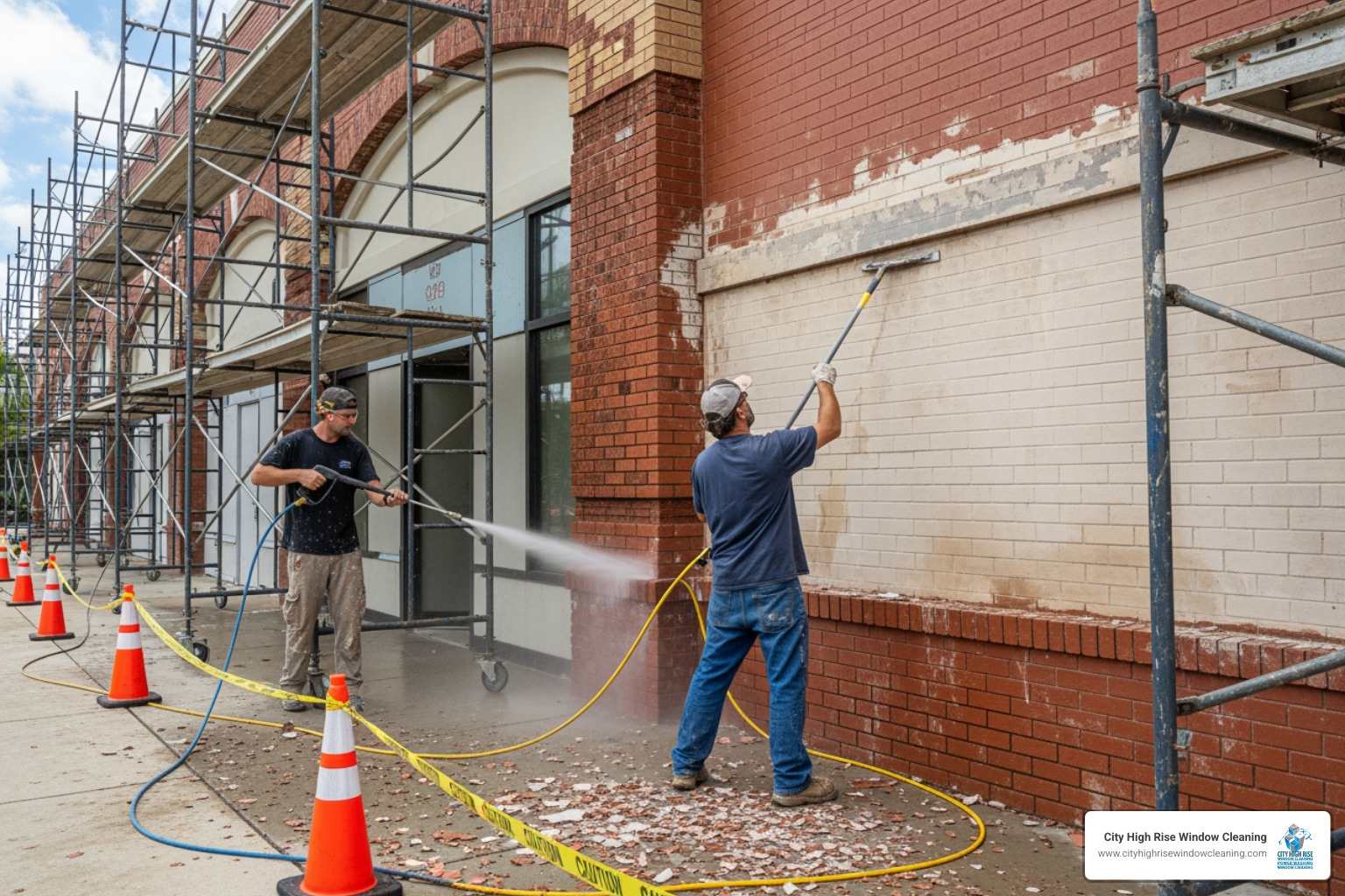 Painters prepping a commercial facade. Alt text: "Surface preparation for commercial building painting in NYC." - commercial building painting Painters prepping a commercial facade. Alt text: "Surface preparation for commercial building painting in NYC." - commercial building painting