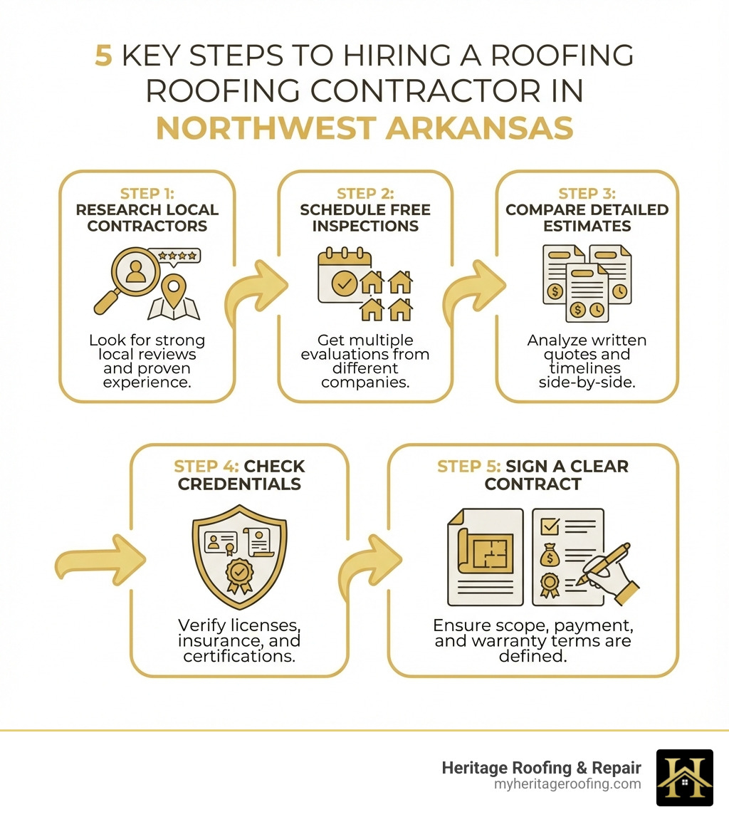Infographic showing the 5 key steps to hiring a roofing contractor in Northwest Arkansas: 1. Research contractors with strong local reviews and experience, 2. Schedule free inspections from multiple contractors, 3. Compare detailed written estimates and timelines, 4. Check credentials including licenses, insurance, and manufacturer certifications, 5. Sign a contract with clear scope, payment schedule, and warranty terms - roofing contractors northwest arkansas infographic 