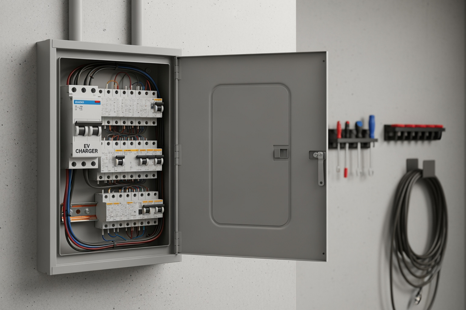 Electrical panel with EV charger breaker - level 2 EV charger Electrical panel with EV charger breaker - level 2 EV charger