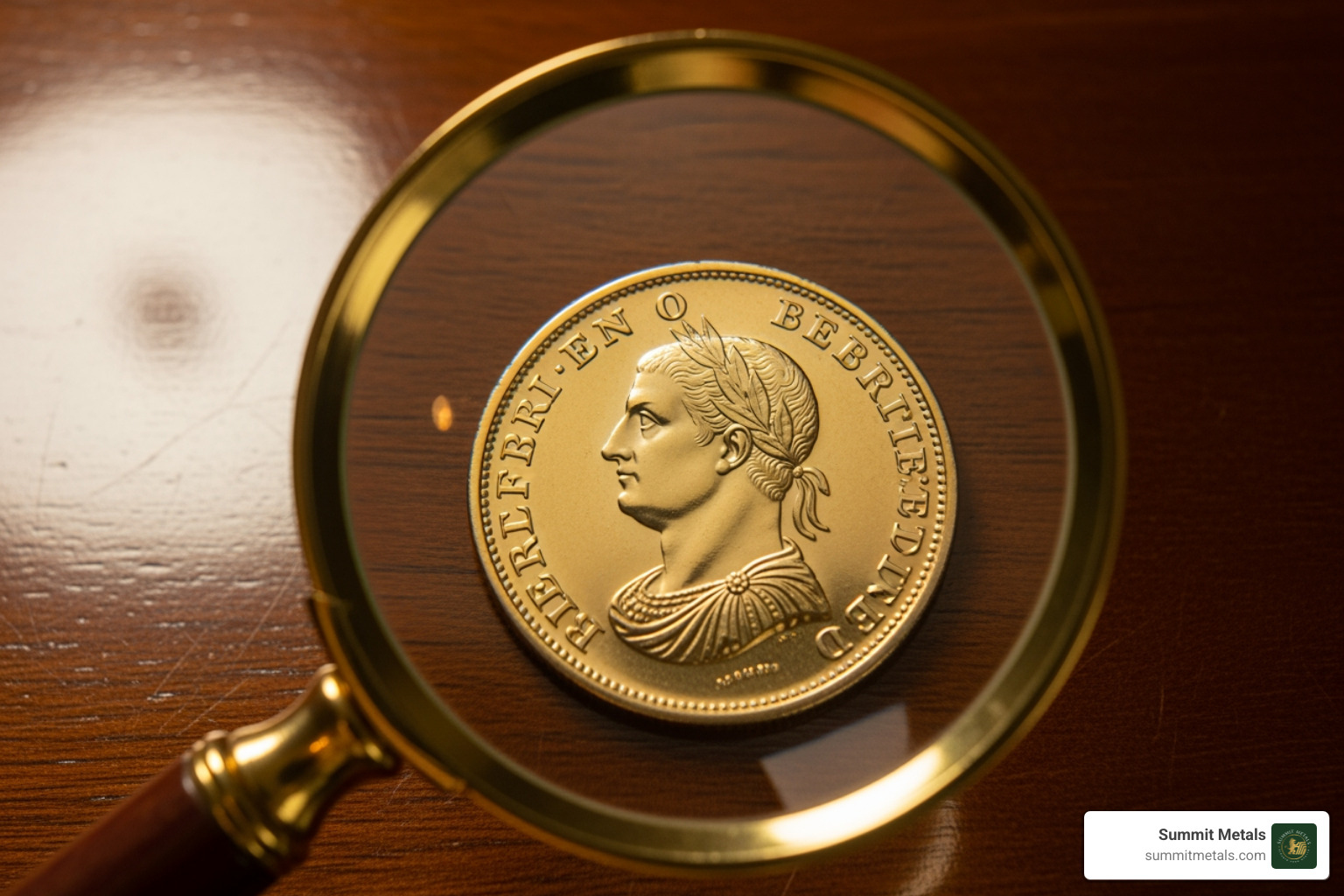 magnifying glass over a gold coin - list of authorized gold bullion coin dealers in utah