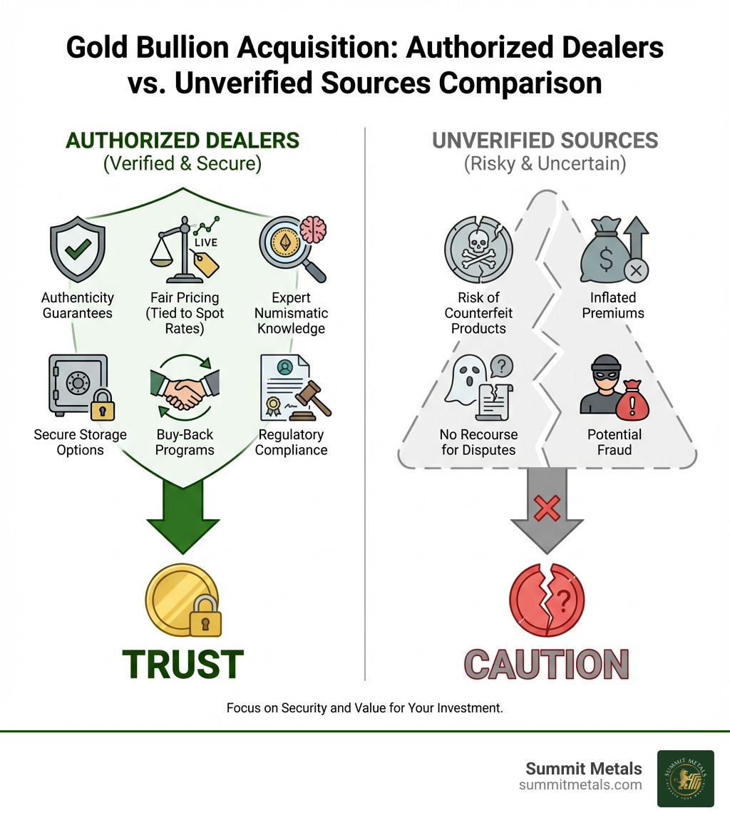 Infographic comparing authorized dealers versus unverified sources: Authorized dealers offer authenticity guarantees, fair pricing tied to spot rates, expert numismatic knowledge, secure storage options, buy-back programs, and regulatory compliance; unverified sources like online marketplaces risk counterfeit products, inflated premiums, no recourse for disputes, and potential fraud - list of authorized gold bullion coin dealers in utah infographic 