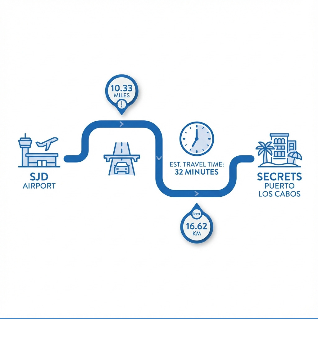 Infographic showing the route map from SJD Airport to Secrets Puerto Los Cabos with distance markers at 10.33 miles and 16.62 km, estimated travel time of 32 minutes, and icons representing the airport, highway route, and resort destination - secrets cabo transportation infographic Infographic showing the route map from SJD Airport to Secrets Puerto Los Cabos with distance markers at 10.33 miles and 16.62 km, estimated travel time of 32 minutes, and icons representing the airport, highway route, and resort destination - secrets cabo transportation infographic