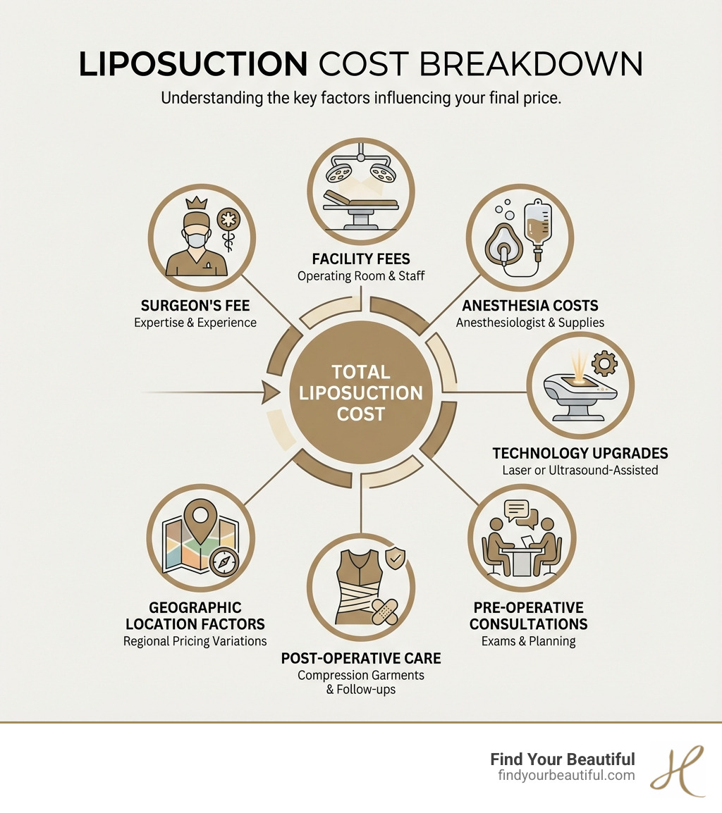 Infographic showing the breakdown of liposuction cost components: surgeon's fee, facility fees, anesthesia costs, technology upgrades, pre-operative consultations, post-operative care including compression garments, and geographic location factors - liposuction cost infographic 