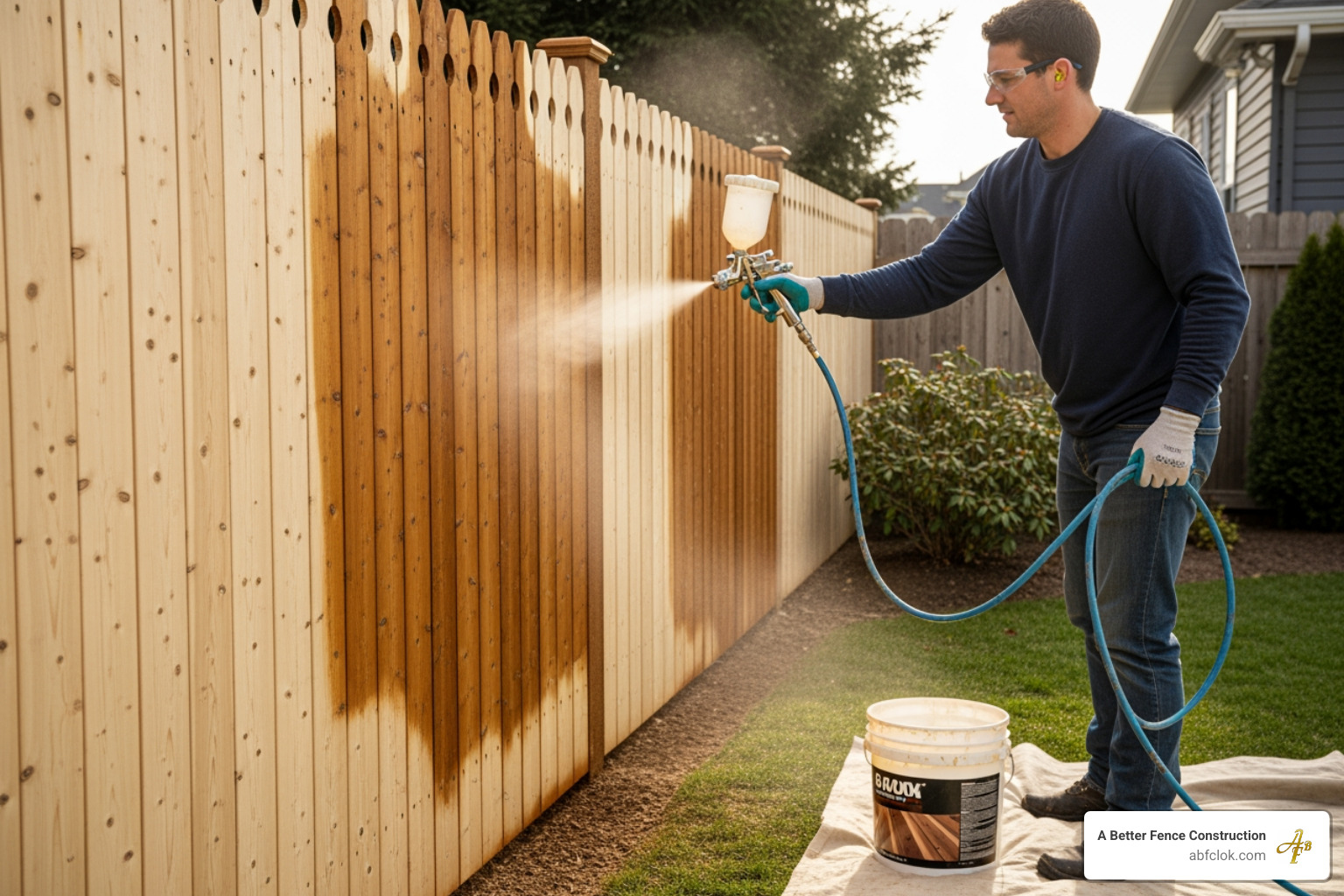 person applying stain to a new cedar fence with a sprayer - Cedar fence installation person applying stain to a new cedar fence with a sprayer - Cedar fence installation