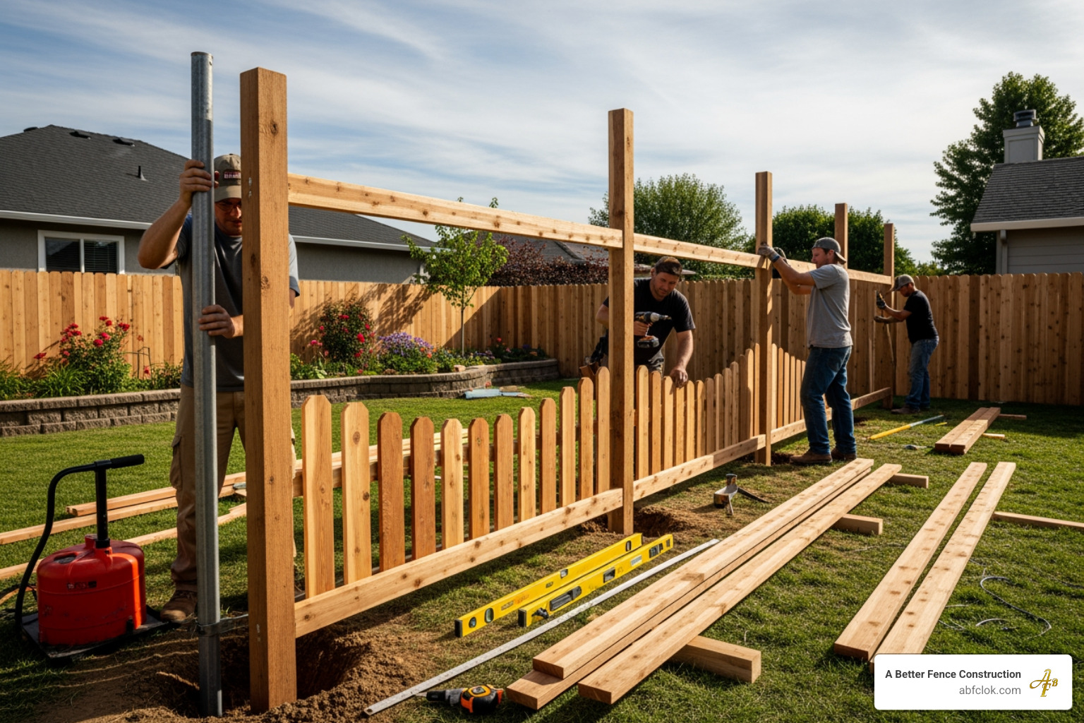 fence installation process in action, showing posts and rails being assembled - Cedar fence installation fence installation process in action, showing posts and rails being assembled - Cedar fence installation