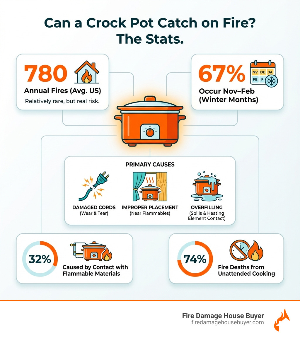 Infographic showing crock pot fire statistics- can a crock pot catch on fire Infographic showing crock pot fire statistics- can a crock pot catch on fire