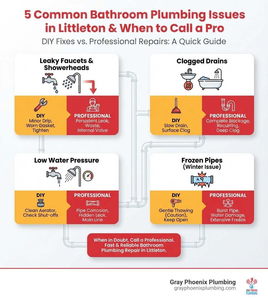 Infographic showing the 5 most common bathroom plumbing issues in Littleton: leaky faucets and showerheads, clogged drains, running toilets, low water pressure, and frozen pipes, with indicators for when to call a professional plumber versus attempting DIY fixes - bathroom plumbing repair littleton co infographic Infographic showing the 5 most common bathroom plumbing issues in Littleton: leaky faucets and showerheads, clogged drains, running toilets, low water pressure, and frozen pipes, with indicators for when to call a professional plumber versus attempting DIY fixes - bathroom plumbing repair littleton co infographic
