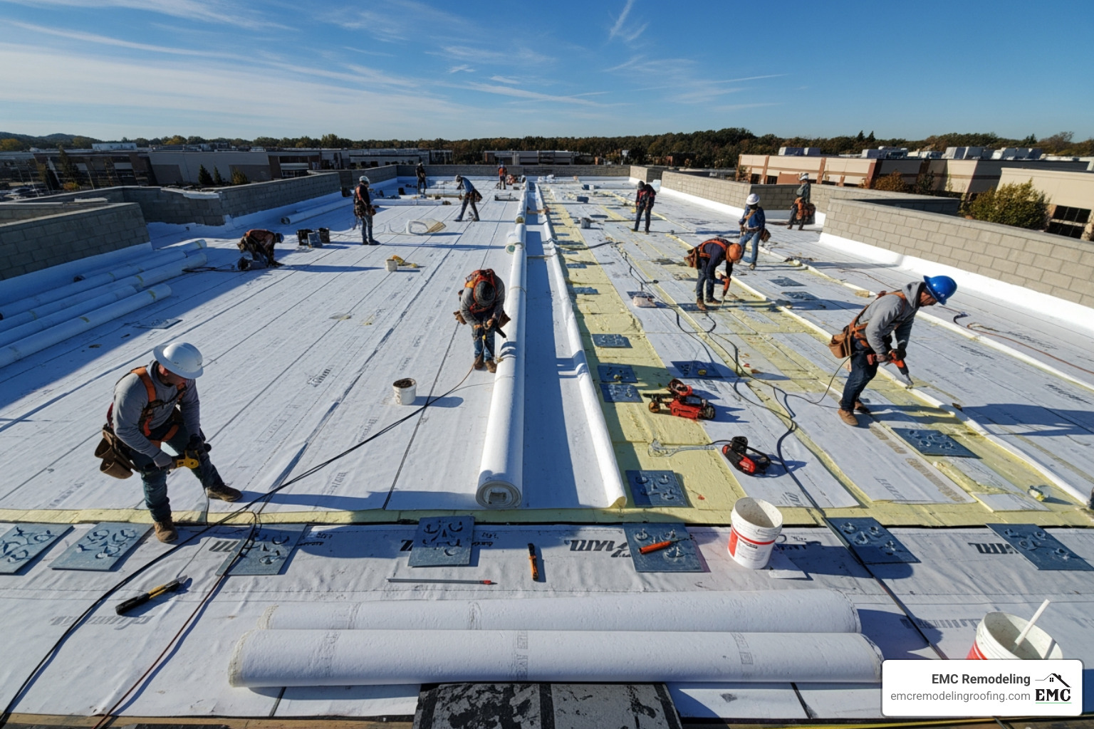 A clean, prepared roof deck with insulation boards laid out, ready for TPO membrane installation. - TPO roof installation
