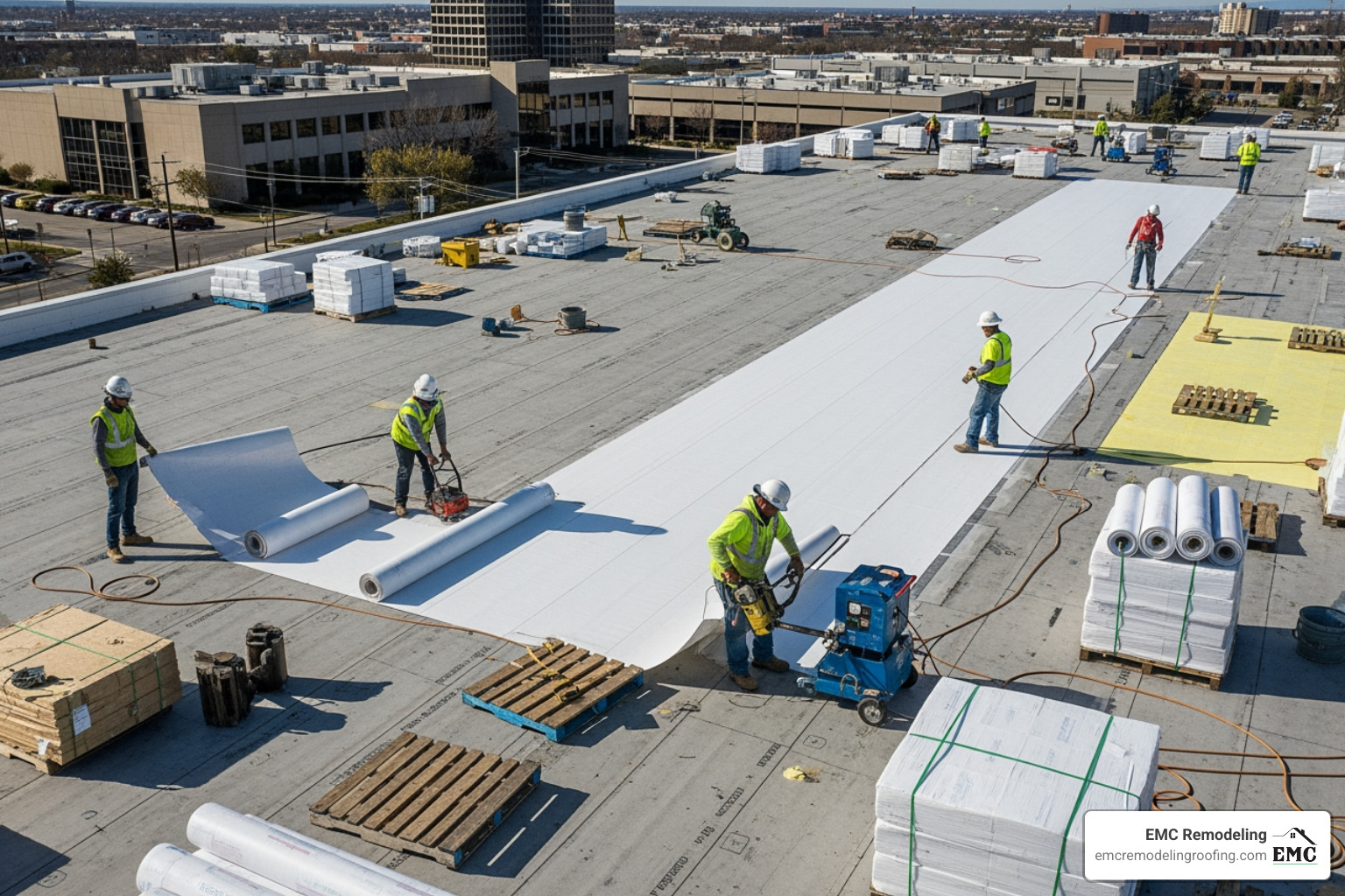 A roofing professional skillfully using a hot-air welder to create a strong, watertight seam on a TPO membrane. - TPO roof installation