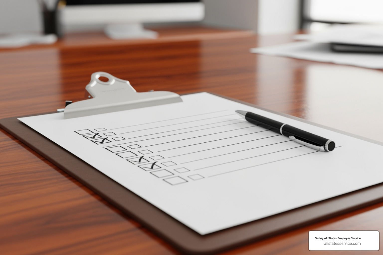 Image of a checklist on a clipboard with items like "Tax Compliance," "Direct Deposit," "Employee Self-Service," "Customer Support," and "Security" - accounting and payroll services for small business