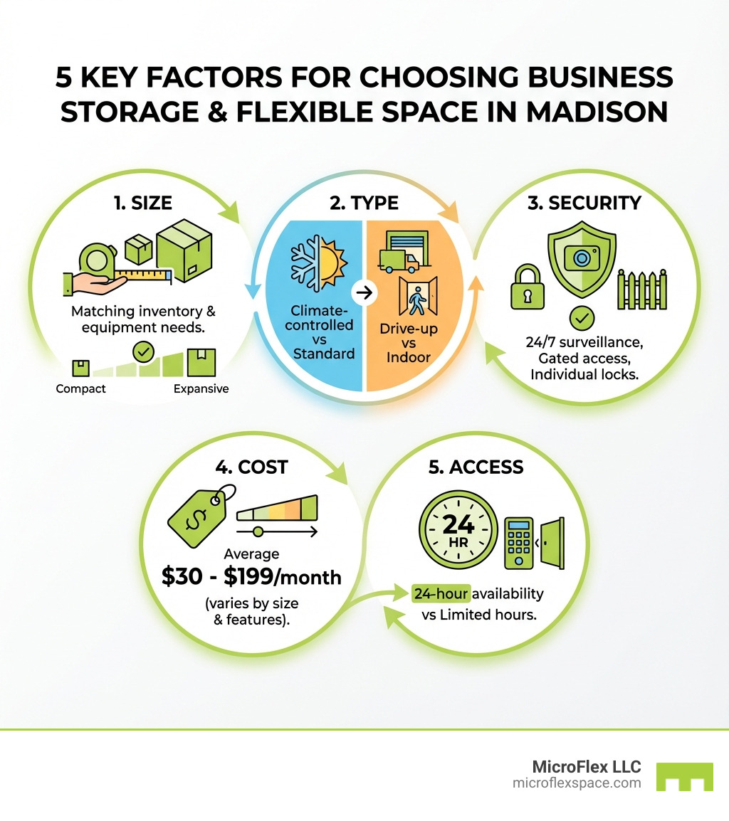 Infographic showing 5 key factors for choosing business storage or flexible space in Madison: Size (matching your inventory and equipment needs), Type (climate-controlled vs standard, drive-up vs indoor), Security (24/7 surveillance, gated access, individual locks), Cost (average $30-$199/month depending on size and features), and Access (24-hour availability vs limited hours) - storage units madison infographic Infographic showing 5 key factors for choosing business storage or flexible space in Madison: Size (matching your inventory and equipment needs), Type (climate-controlled vs standard, drive-up vs indoor), Security (24/7 surveillance, gated access, individual locks), Cost (average $30-$199/month depending on size and features), and Access (24-hour availability vs limited hours) - storage units madison infographic