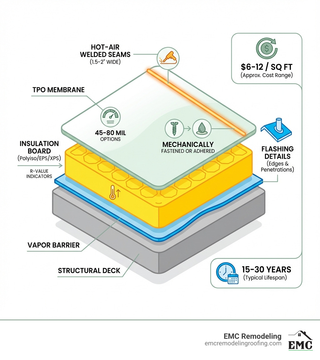 Infographic showing the complete TPO roofing system layers from bottom to top: structural deck, vapor barrier, insulation board (polyiso/EPS/XPS with R-value indicators), TPO membrane (45-80 mil thickness options), mechanically fastened or adhered attachment methods, hot-air welded seams (1.5-2 inches wide), and flashing details at penetrations and edges. Include cost range of $6-12 per square foot and lifespan of 15-30 years. - TPO roof installation infographic 3_stage_pyramid