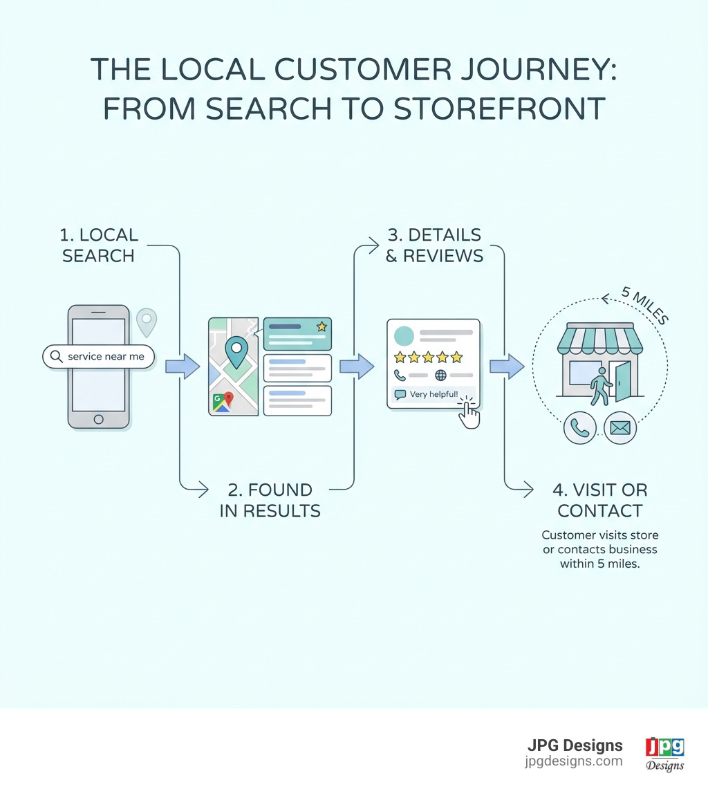 Infographic showing the customer journey from local Google search to store visit: Step 1 - Customer searches Google for local service, Step 2 - Business appears in Google Maps and organic results, Step 3 - Customer clicks to view business details and reviews, Step 4 - Customer visits store or contacts business within 5 miles - Plymouth MA SEO infographic 