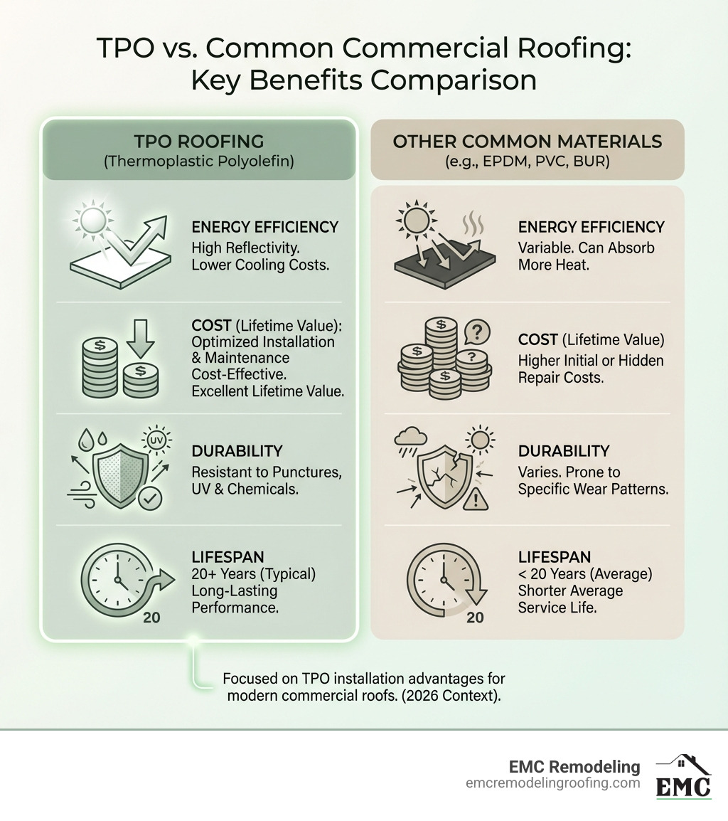 infographic comparing TPO roofing benefits like energy efficiency, cost, durability, and lifespan against other common commercial roofing materials - TPO roof installation infographic 