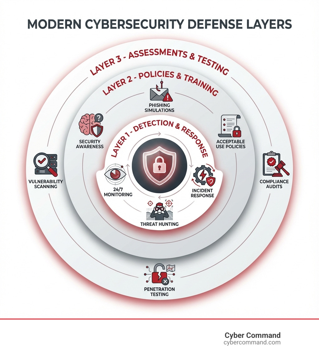 Infographic showing three layers of modern cybersecurity protection services: Layer 1 - Detection and Response (24/7 monitoring, threat hunting, incident response), Layer 2 - Policies and Training (security awareness, phishing simulations, acceptable use policies), Layer 3 - Assessments and Testing (vulnerability scanning, penetration testing, compliance audits) - cybersecurity protection services infographic 