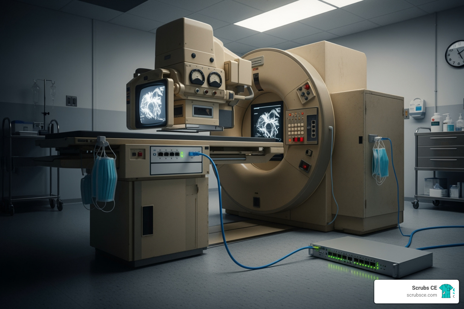 Image of an older, legacy medical device, possibly a Radiology machine, connected to a modern network, symbolizing a common vulnerability - Cybersecurity in healthcare Image of an older, legacy medical device, possibly a Radiology machine, connected to a modern network, symbolizing a common vulnerability - Cybersecurity in healthcare