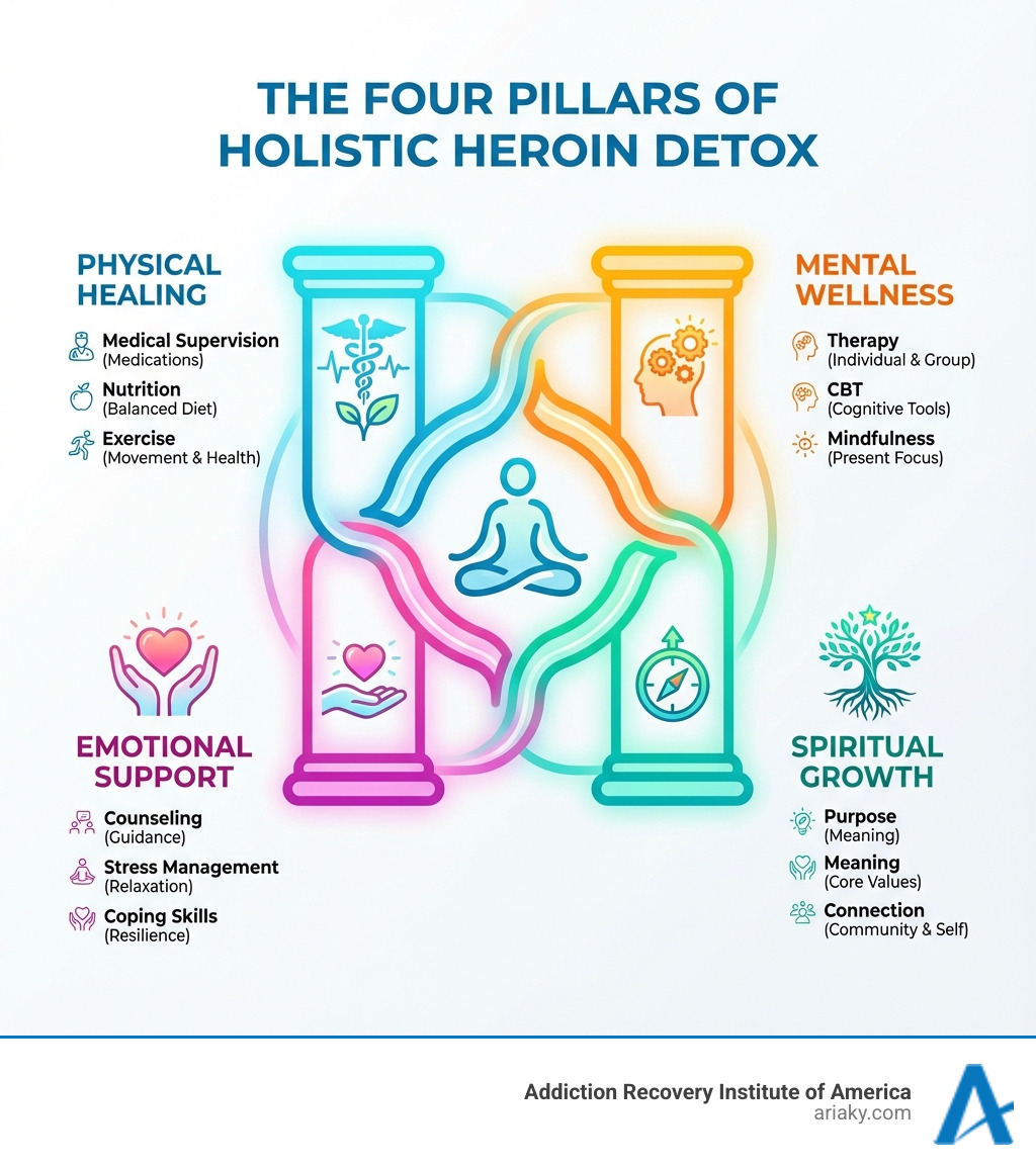 Infographic showing the four pillars of holistic heroin detox: Physical Healing (medical supervision, nutrition, exercise), Mental Wellness (therapy, CBT, mindfulness), Emotional Support (counseling, stress management, coping skills), and Spiritual Growth (purpose, meaning, connection) - holistic heroin detox infographic 