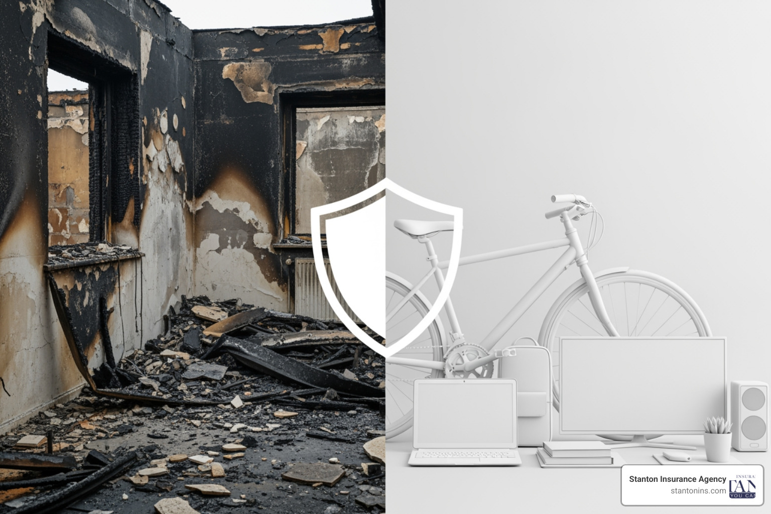 A split image showing a fire-damaged room on one side and a person's belongings (laptop, bike, TV) on the other, with a shield icon in the middle. - first time renters insurance A split image showing a fire-damaged room on one side and a person's belongings (laptop, bike, TV) on the other, with a shield icon in the middle. - first time renters insurance