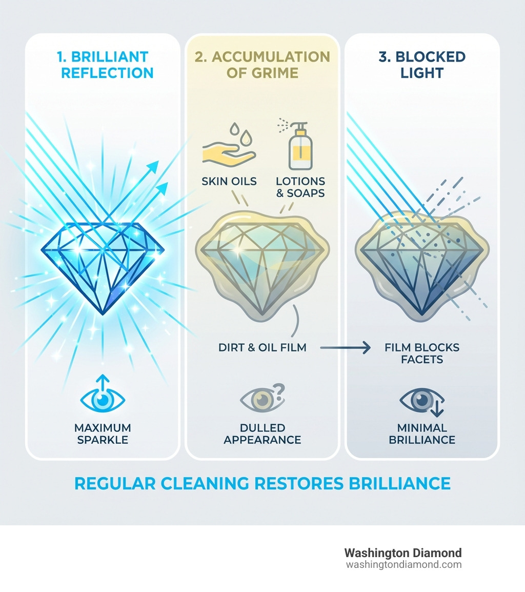 infographic explaining how dirt and oil block light from a diamond's facets - best jewelry cleaner for diamonds infographic 