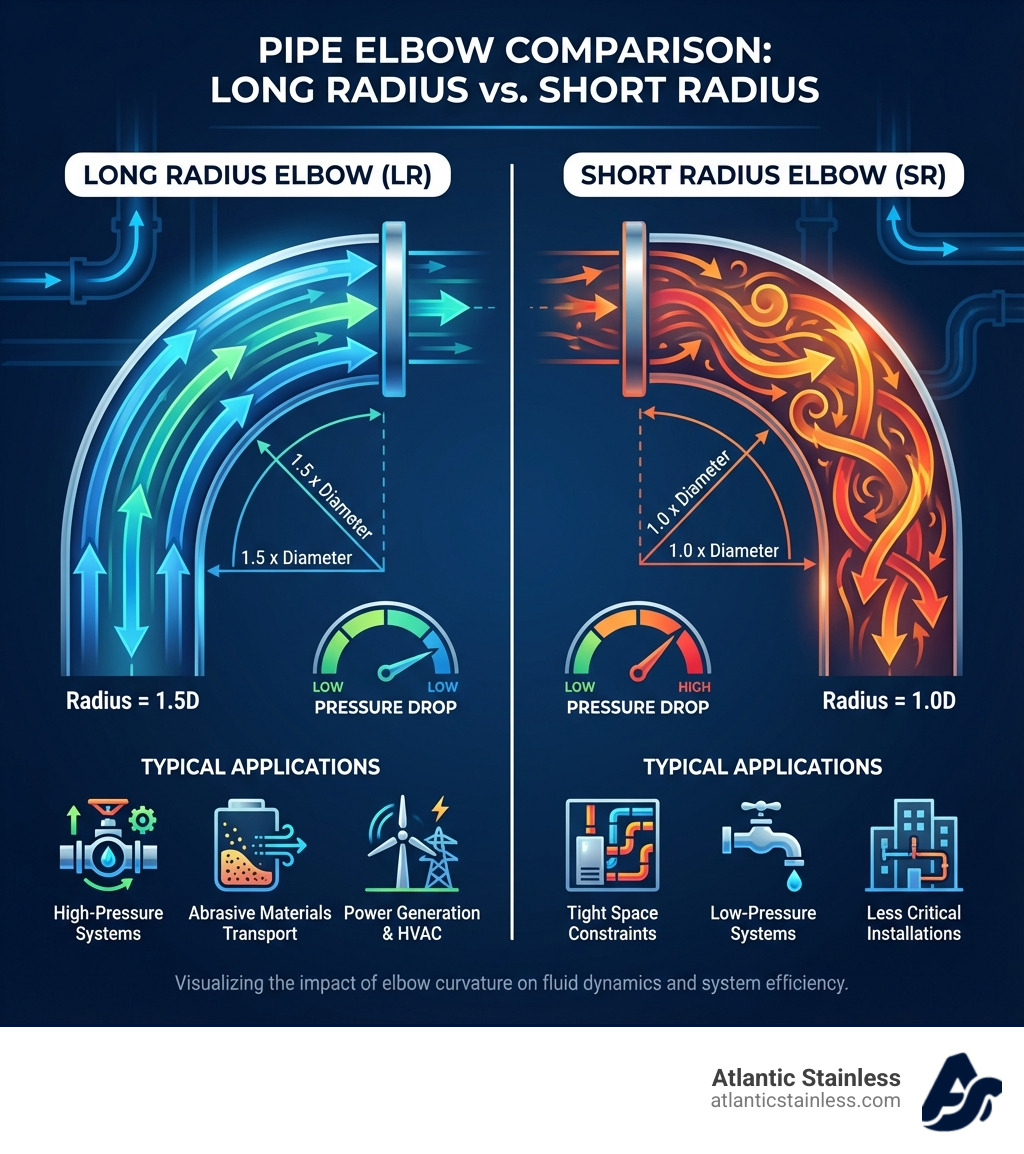 Infographic comparing long radius elbows with 1.5D curvature showing smooth flow versus short radius elbows with 1.0D curvature showing turbulent flow, including pressure drop differences and typical applications for each type - Long radius elbows infographic Infographic comparing long radius elbows with 1.5D curvature showing smooth flow versus short radius elbows with 1.0D curvature showing turbulent flow, including pressure drop differences and typical applications for each type - Long radius elbows infographic