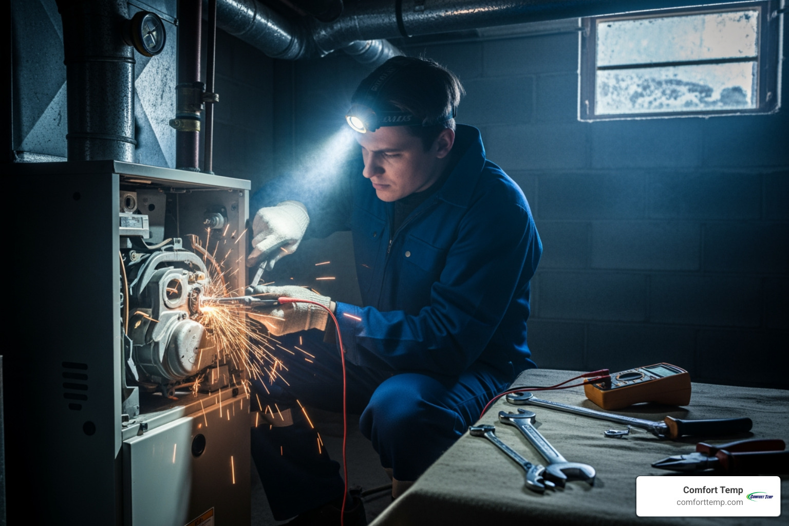 HVAC technician in a blue uniform with no company logos inspecting a furnace unit - Emergency heating repair HVAC technician in a blue uniform with no company logos inspecting a furnace unit - Emergency heating repair