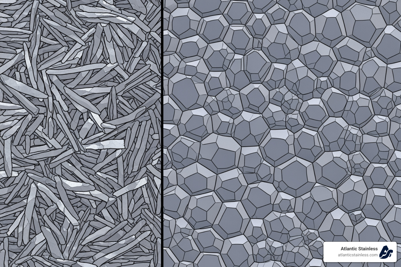Microscopic view of martensitic vs. austenitic grain structures - Heat treatable stainless steel Microscopic view of martensitic vs. austenitic grain structures - Heat treatable stainless steel