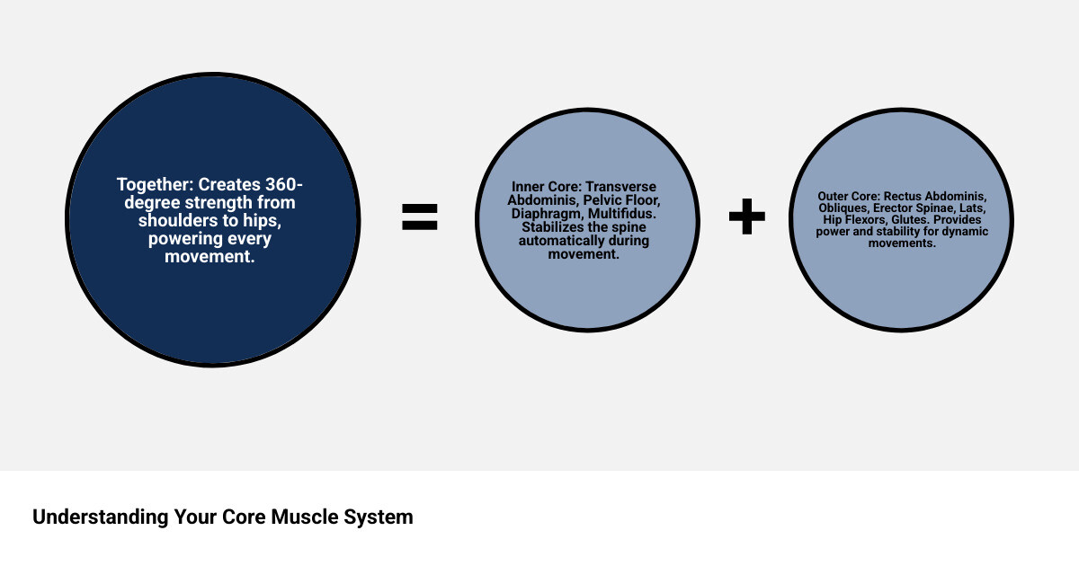 Infographic showing the core muscle system: Inner Core (transverse abdominis, pelvic floor, diaphragm, multifidus) stabilizes the spine automatically during movement; Outer Core (rectus abdominis, obliques, erector spinae, lats, hip flexors, glutes) provides power and stability for dynamic movements; Together they create 360-degree strength from shoulders to hips - core fitness group training infographic sum_of_parts