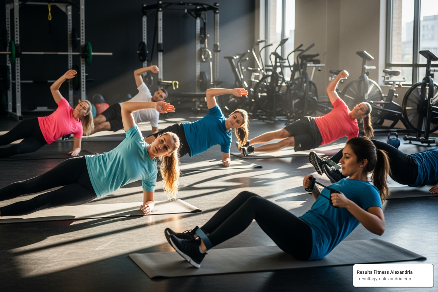 participants using resistance bands and bodyweight for core exercises - core fitness group training