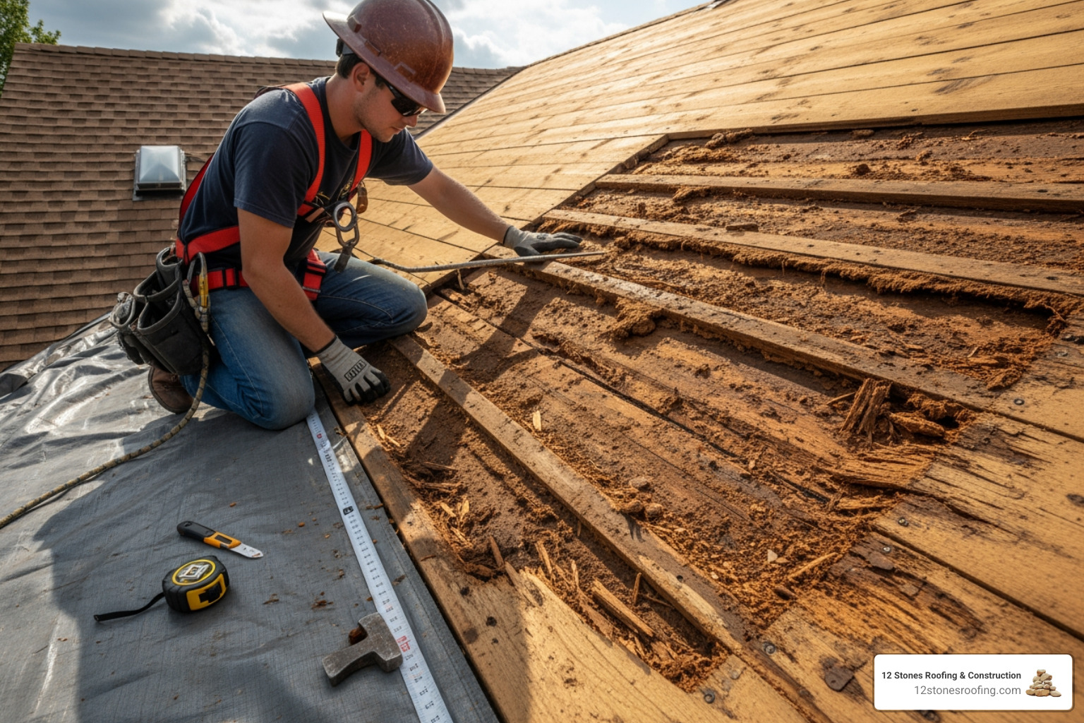 image of a roofer inspecting damaged roof decking before a replacement. - 1500 square foot roof cost