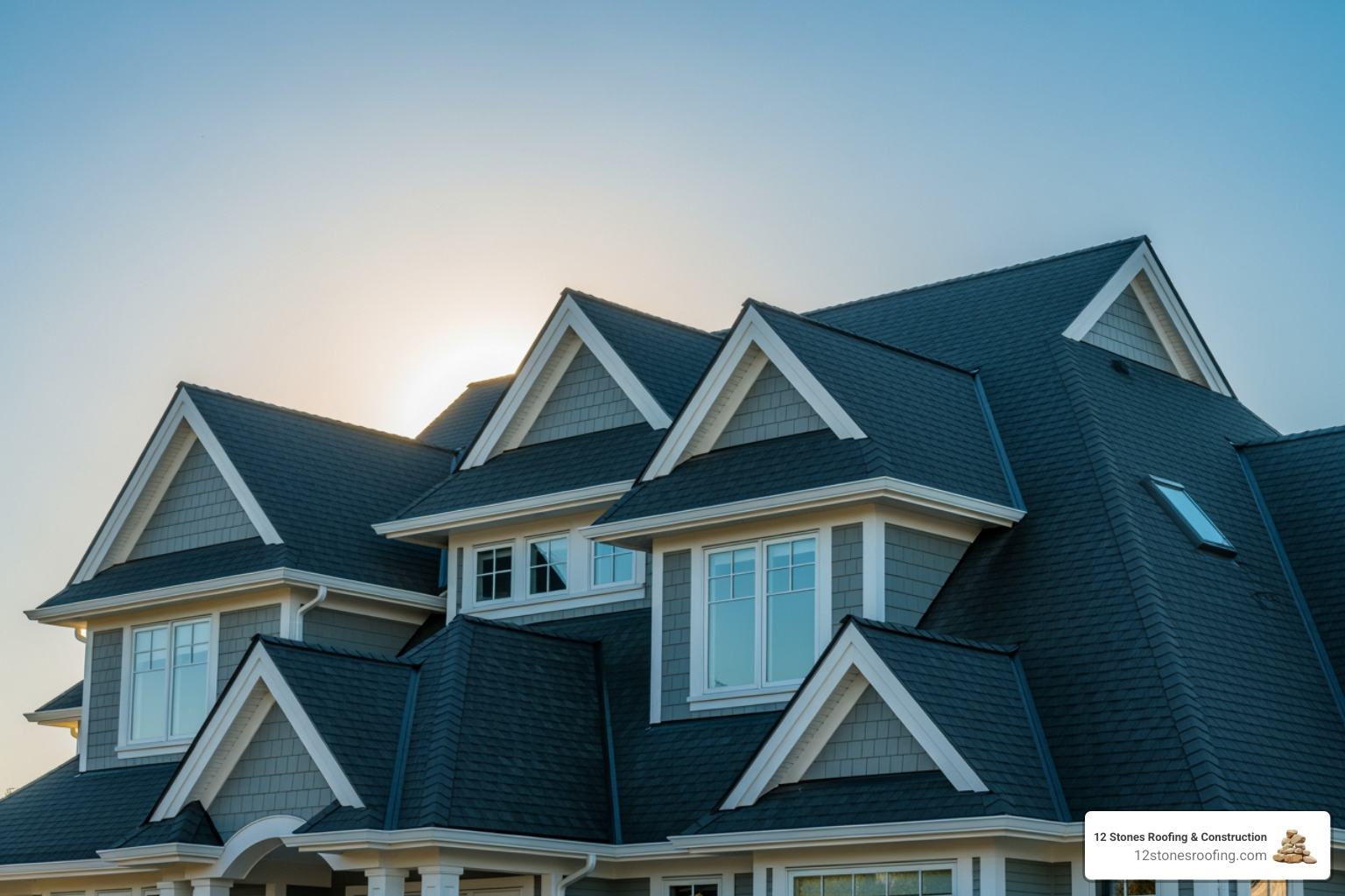 image of a complex roof with multiple slopes, dormers, and a steep pitch to illustrate complexity. - 1500 square foot roof cost