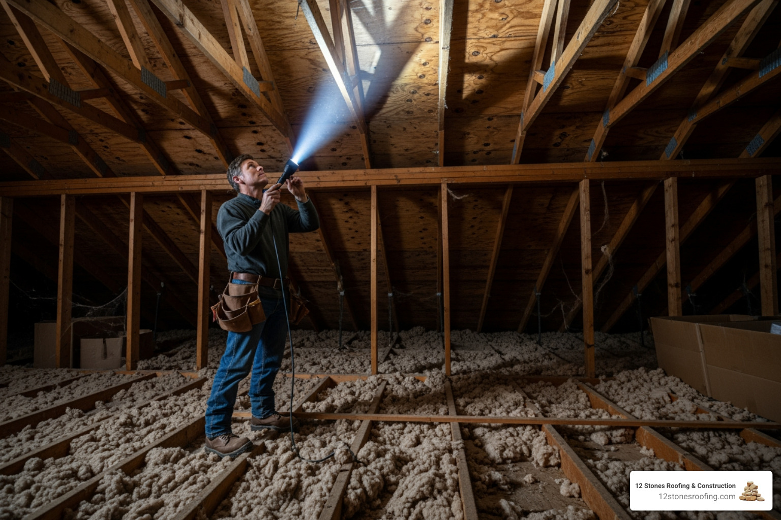 homeowner in an attic inspecting the underside of the roof with a flashlight - roofing leakage repair homeowner in an attic inspecting the underside of the roof with a flashlight - roofing leakage repair
