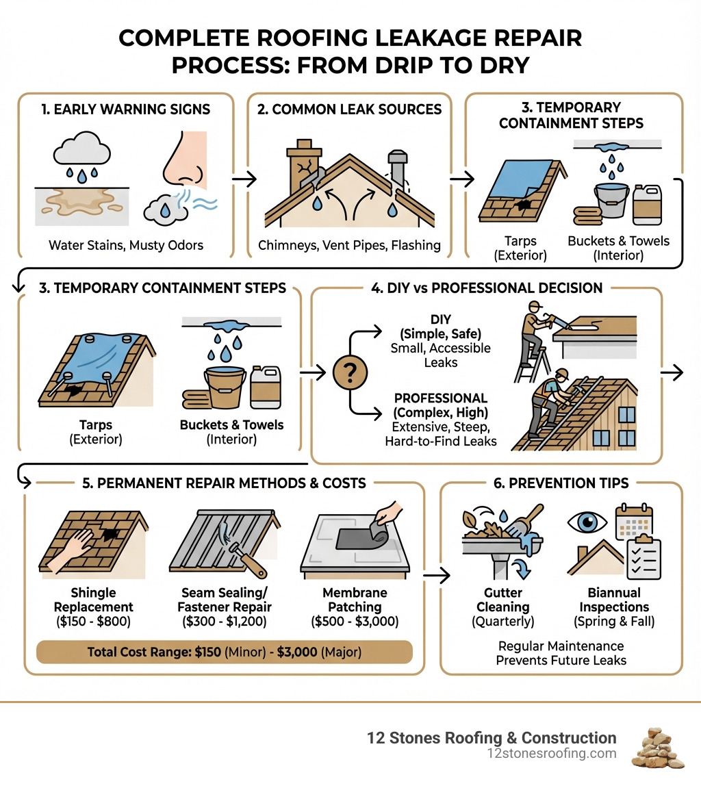 Infographic showing the complete roofing leakage repair process: early warning signs like water stains and musty odors, common leak sources including chimneys and vent pipes, temporary containment steps with tarps and buckets, DIY vs professional decision points, permanent repair methods for different roof types, cost ranges from $150 for minor repairs to $3,000 for major work, and prevention tips including gutter cleaning and biannual inspections - roofing leakage repair infographic Infographic showing the complete roofing leakage repair process: early warning signs like water stains and musty odors, common leak sources including chimneys and vent pipes, temporary containment steps with tarps and buckets, DIY vs professional decision points, permanent repair methods for different roof types, cost ranges from $150 for minor repairs to $3,000 for major work, and prevention tips including gutter cleaning and biannual inspections - roofing leakage repair infographic