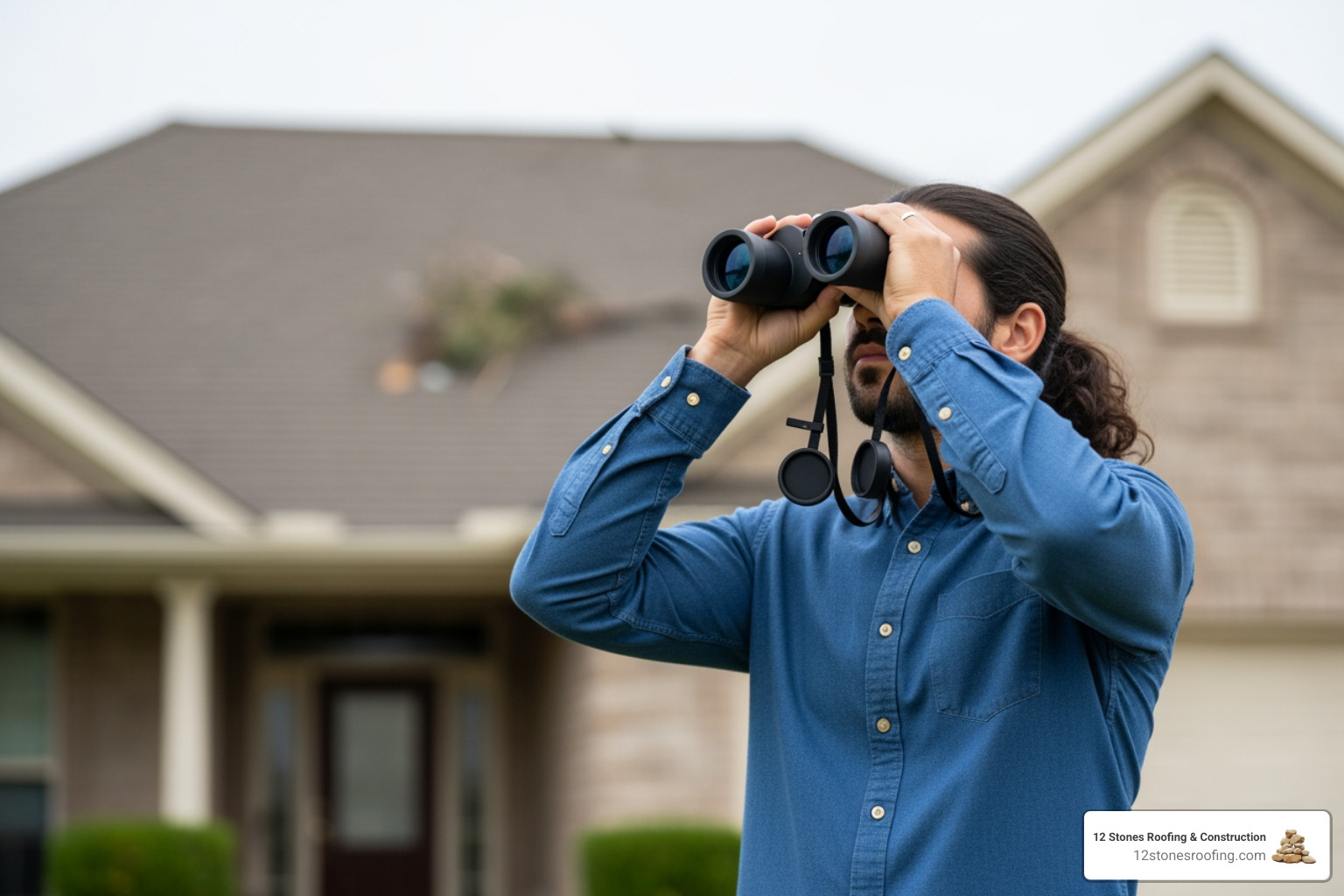 homeowner safely using binoculars to inspect their roof from the yard - Roof repair after storm